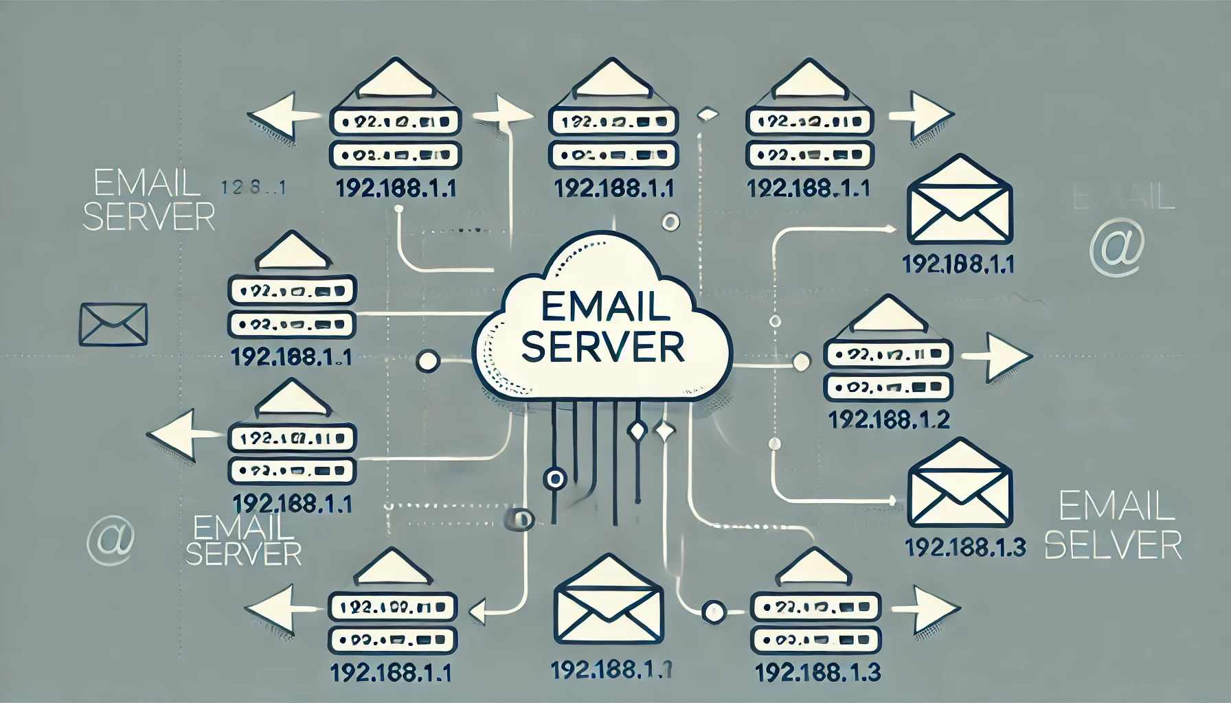 Ilustração de um servidor em nuvem enviando diversos emails por IPs diferentes