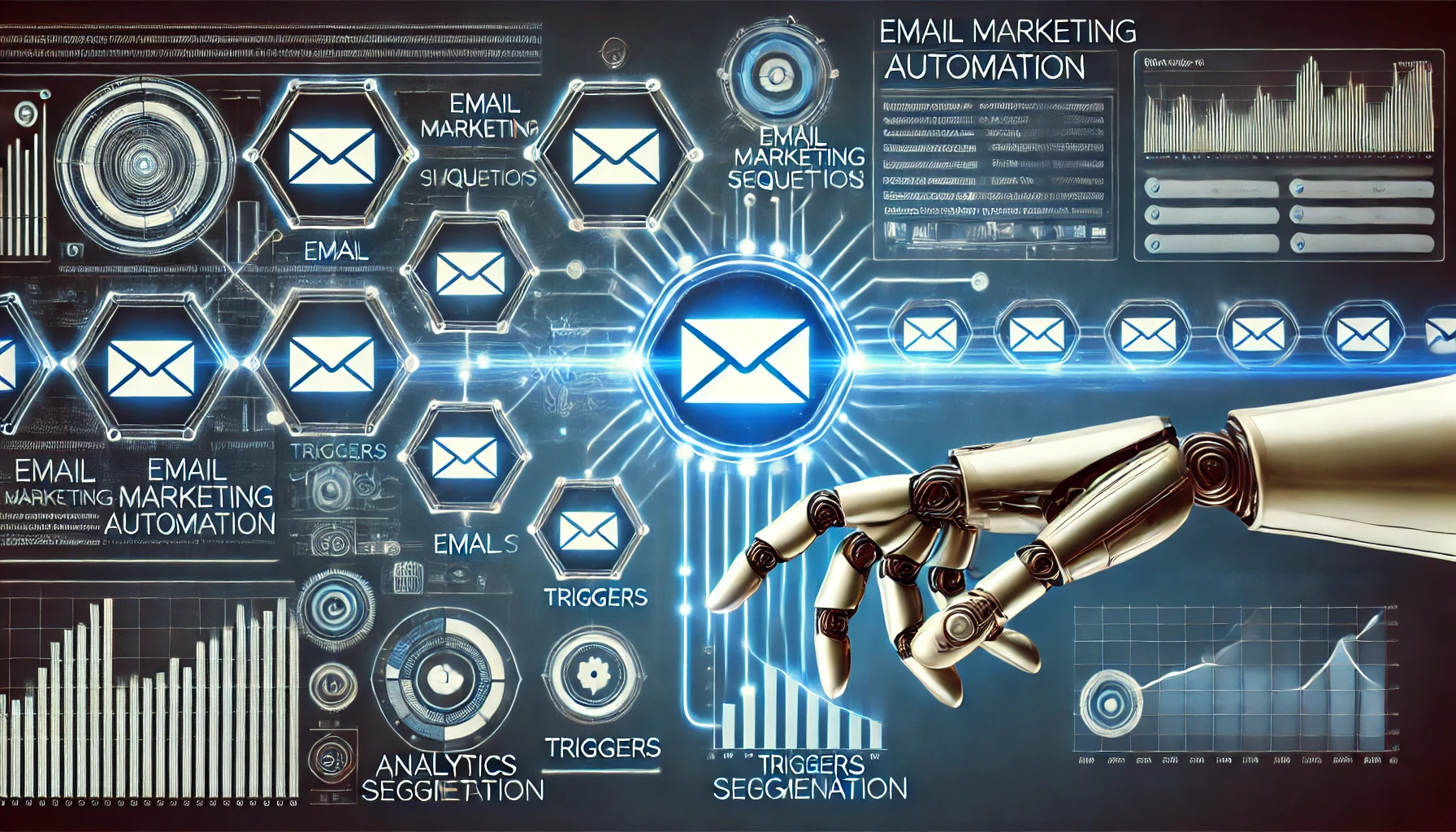 Automação de Campanhas de Email Marketing - Ilustração de Cenário High tech representando um robô automatizando o envio de diversos e-mails representados por envelopes translúcidos interligados