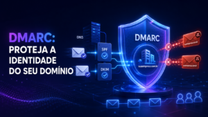 Ilustração do DMARC protegendo um domínio contra e-mails falsificados, com validações SPF e DKIM.